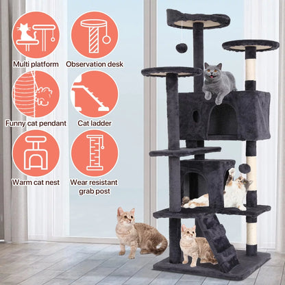 54-In Double Condo Cat Tree Tower Playhouse with Scratching Post & Perch for Indoor, Pink