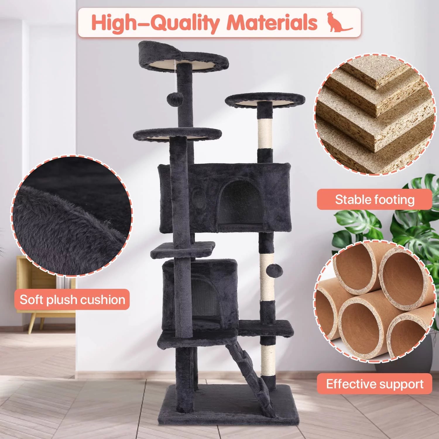 54-In Double Condo Cat Tree Tower Playhouse with Scratching Post & Perch for Indoor, Pink
