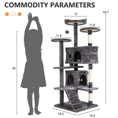 54-In Double Condo Cat Tree Tower Playhouse with Scratching Post & Perch for Indoor, Pink