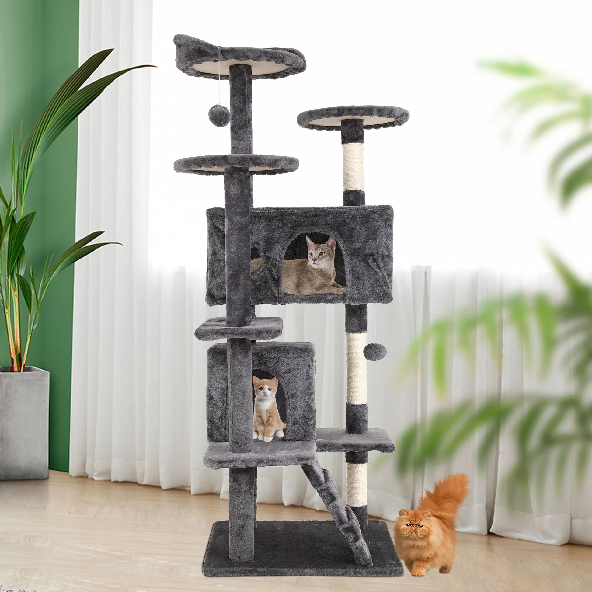 54-In Double Condo Cat Tree Tower Playhouse with Scratching Post & Perch for Indoor, Pink